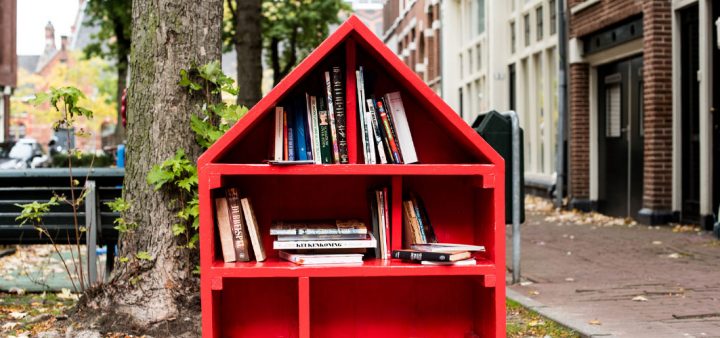 Une boite à livre en bois et en forme de maison dans une rue en ville.